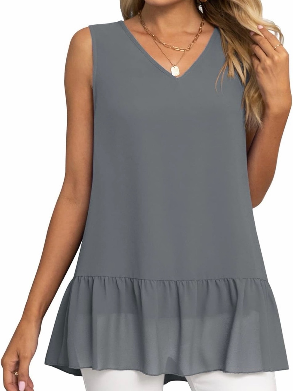 Sleeveless V-Neck Ruffle-Hem Top - Gray